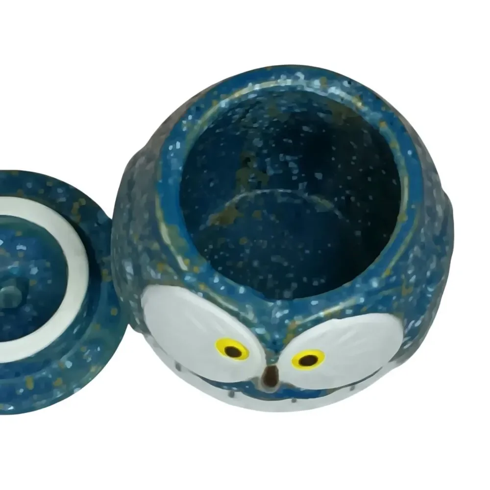 Blue & White Owl Tea Cup, Jar, Or Canister With Lid Speckled Ceramic 3.5